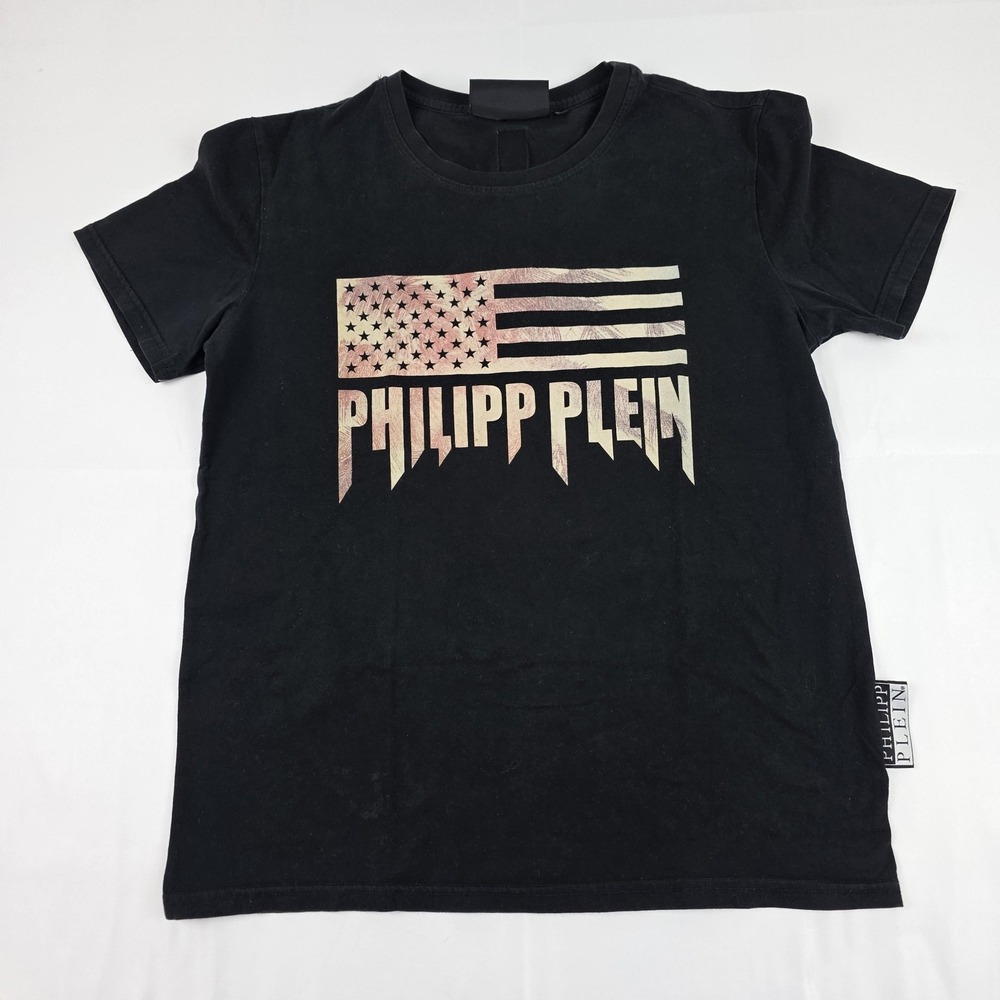 Philipp Plein Shirt Mens XL Black American Flag Logo Graphic Patriotic Tee